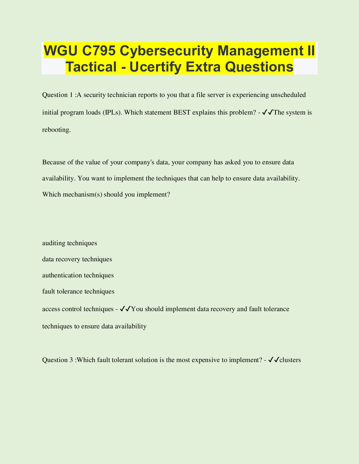 Preview of WGU C795 Cybersecurity Management II Tactical - Ucertify Extra Questions  | 132 Questions